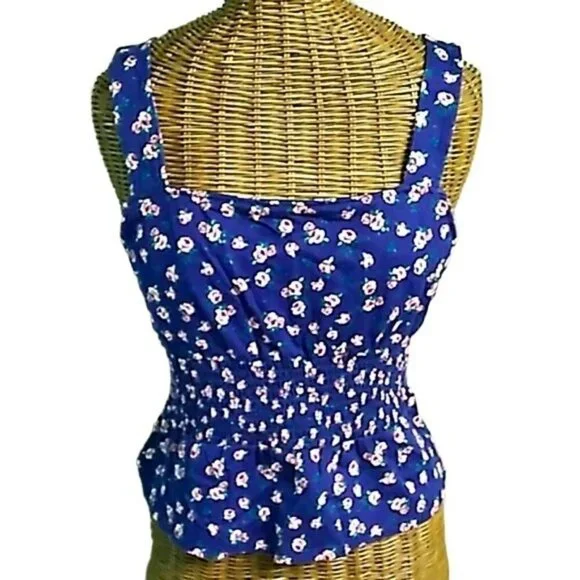 Express Blue Ditsy Floral Square Neck Sleeveless Peplum Smocked Blouse - Picture 1 of 4
